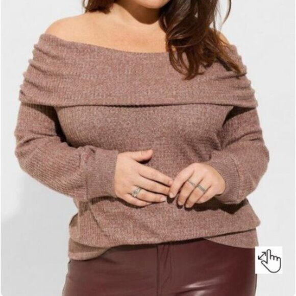 torrid Tops - Torrid Brushed Waffle Off Shoulder Long Sleeve Top in Deep Taupe Women's Size 3X